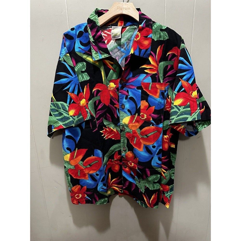 Vintage 90s Toucan Dance Hawaiian Button Shirt Mens L Vibrant Colorful Outdoor